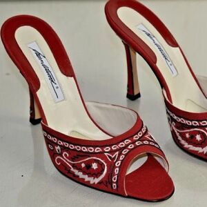 Brian Atwood Slides Mules Shoes Red Sandals Embroidery originally $785